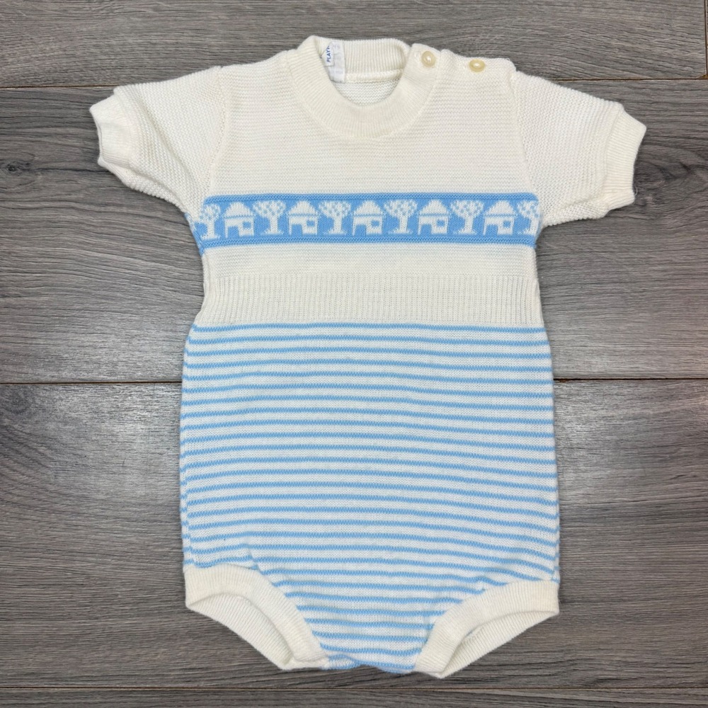 Vtg Playwear Israel Knit Baby Romper 0–3M Acrylic Cottagecore Houses Whimsical